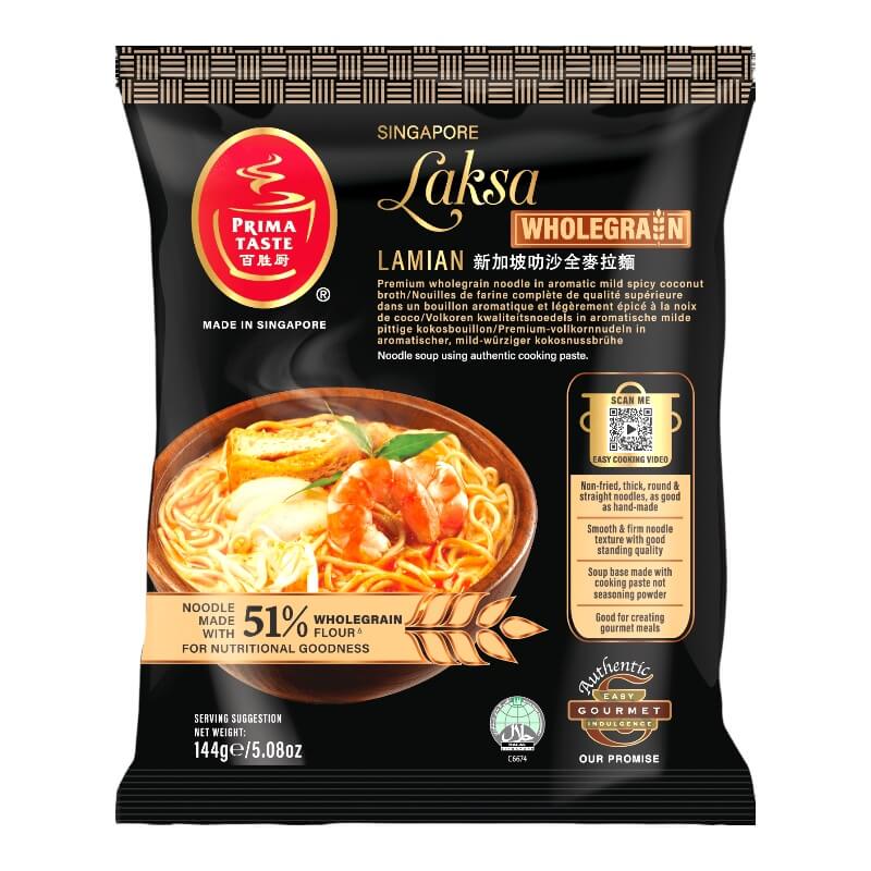 Prima Taste Laksa Wholegrain Lamiang package with noodles and ingredients on a black background